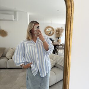 BLOUSE EN GAZ DE COTON - BLEU A RAYURES