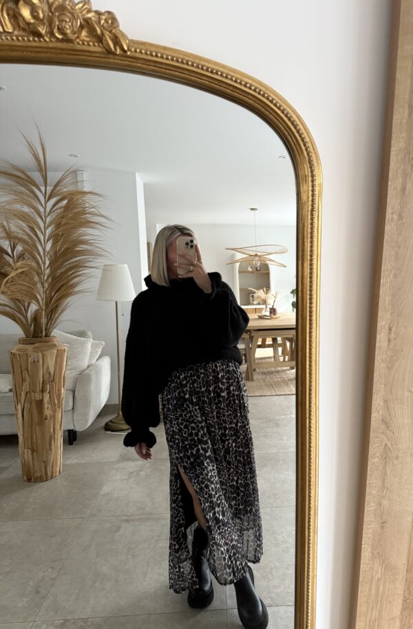 JUPE À FENTE NOIR LEOPARD